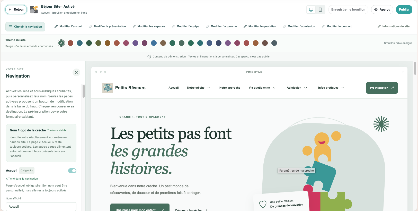 Éditeur Béjour Site : personnalisation du site et aperçu de la crèche