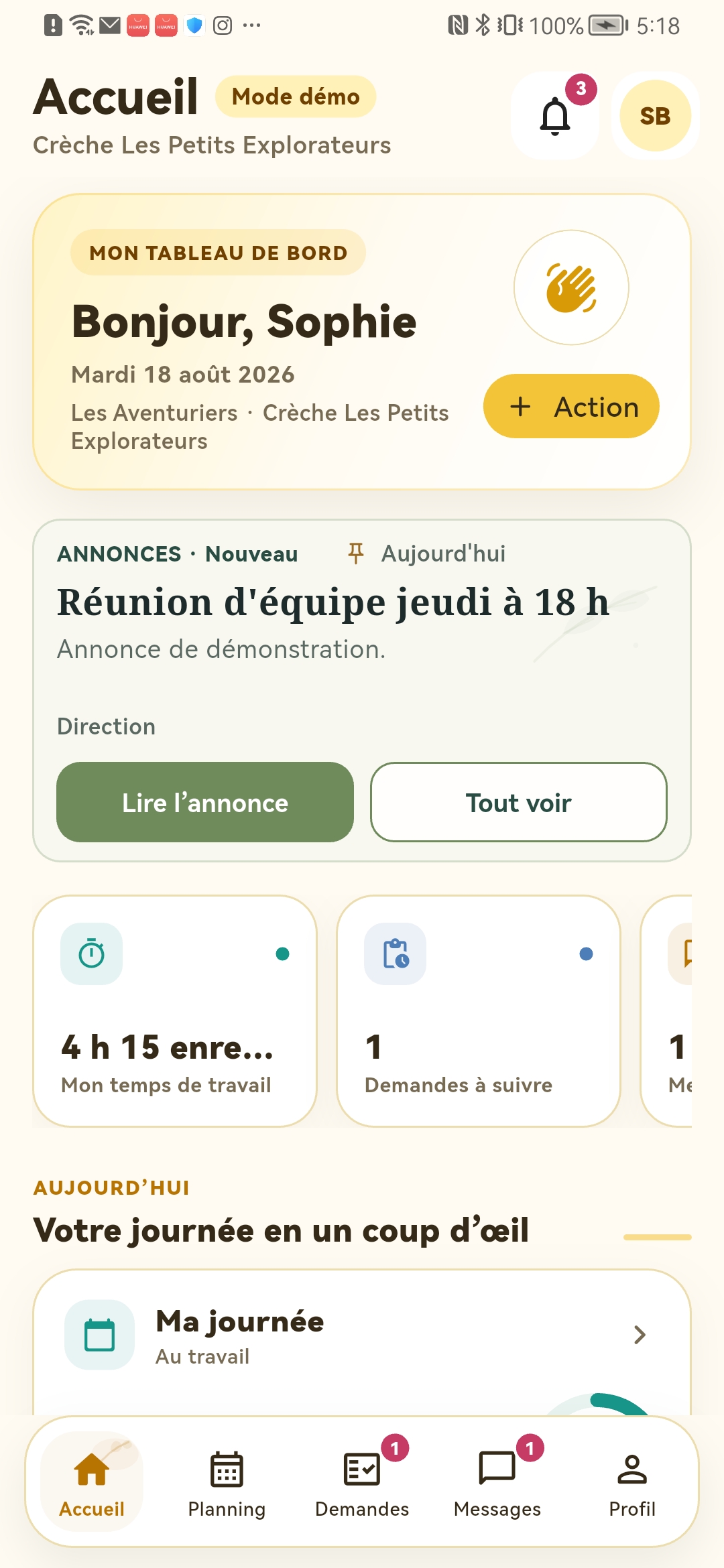 Tableau de bord d’accueil de l’application BÉJOUR Team