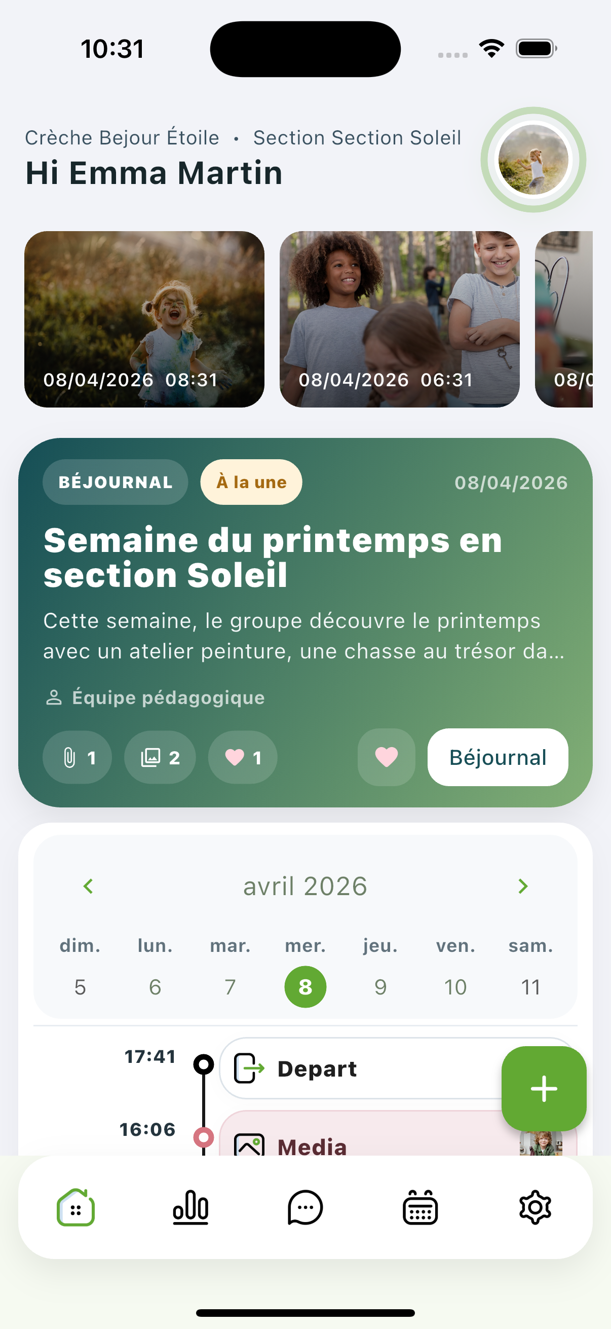 Interface Béjour Family avec Béjournal et calendrier