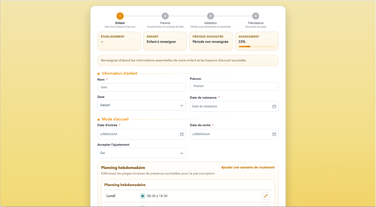 Interface Béjour Inscription avec formulaire d'accueil